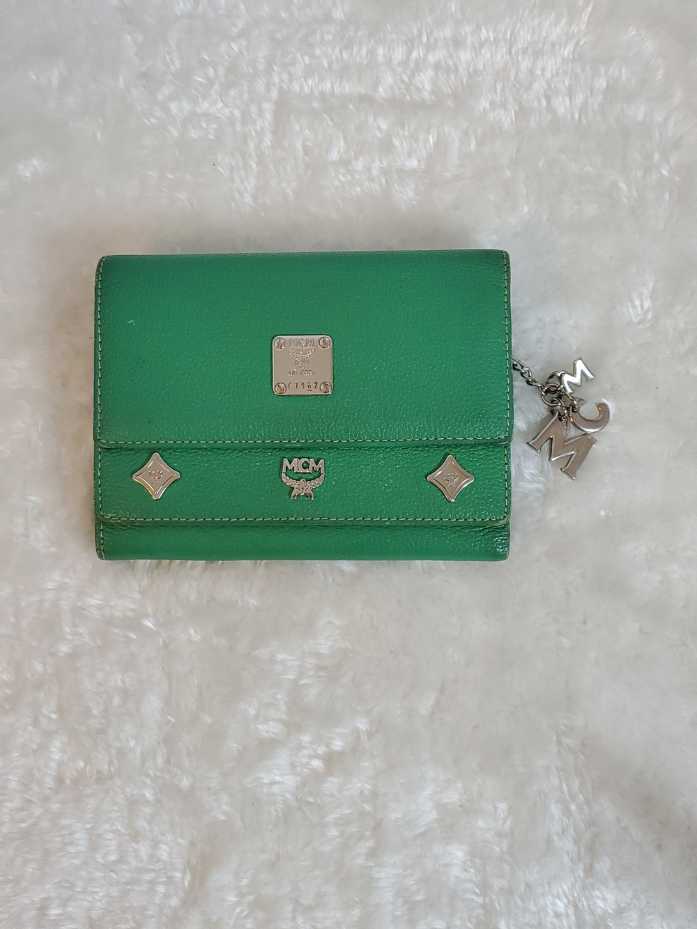 MCM Green Leather Trifold Wallet with Silver Logo Charm